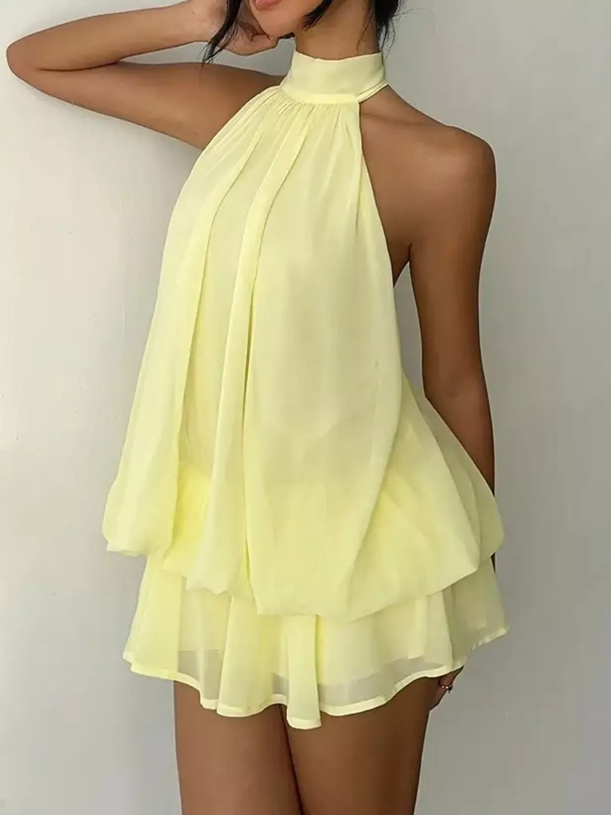 Yellow halter neck chiffon mini dress