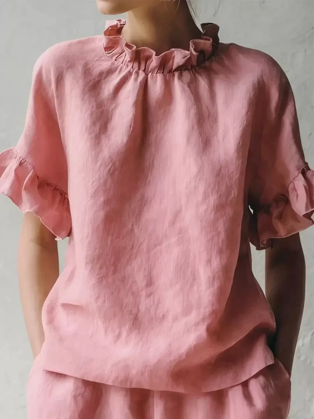 Pink Ruffle-Neck Short Sleeve Blouse, front view