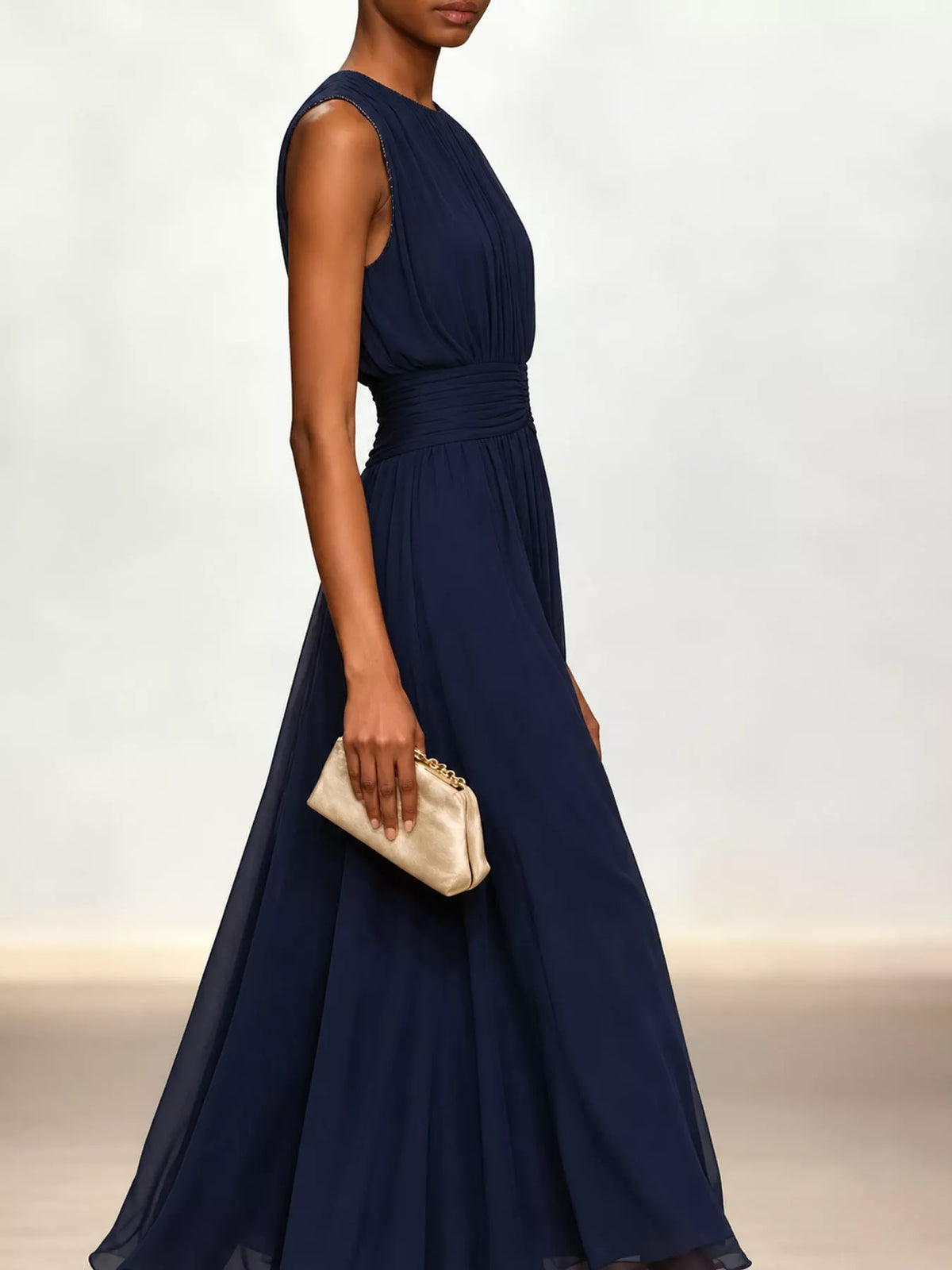 Navy sleeveless ruched chiffon maxi dress, side view