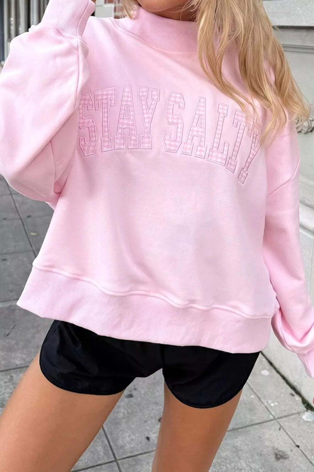 Trendsi Embroidered Long Sleeve Stand Neck Shift Pullover Sweatshirt -