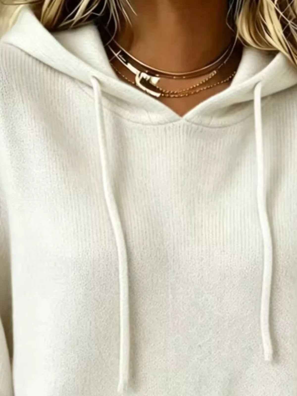 Women's Drawstring Kangaroo Pocket Hooded Sweater in cream — neckline detail view