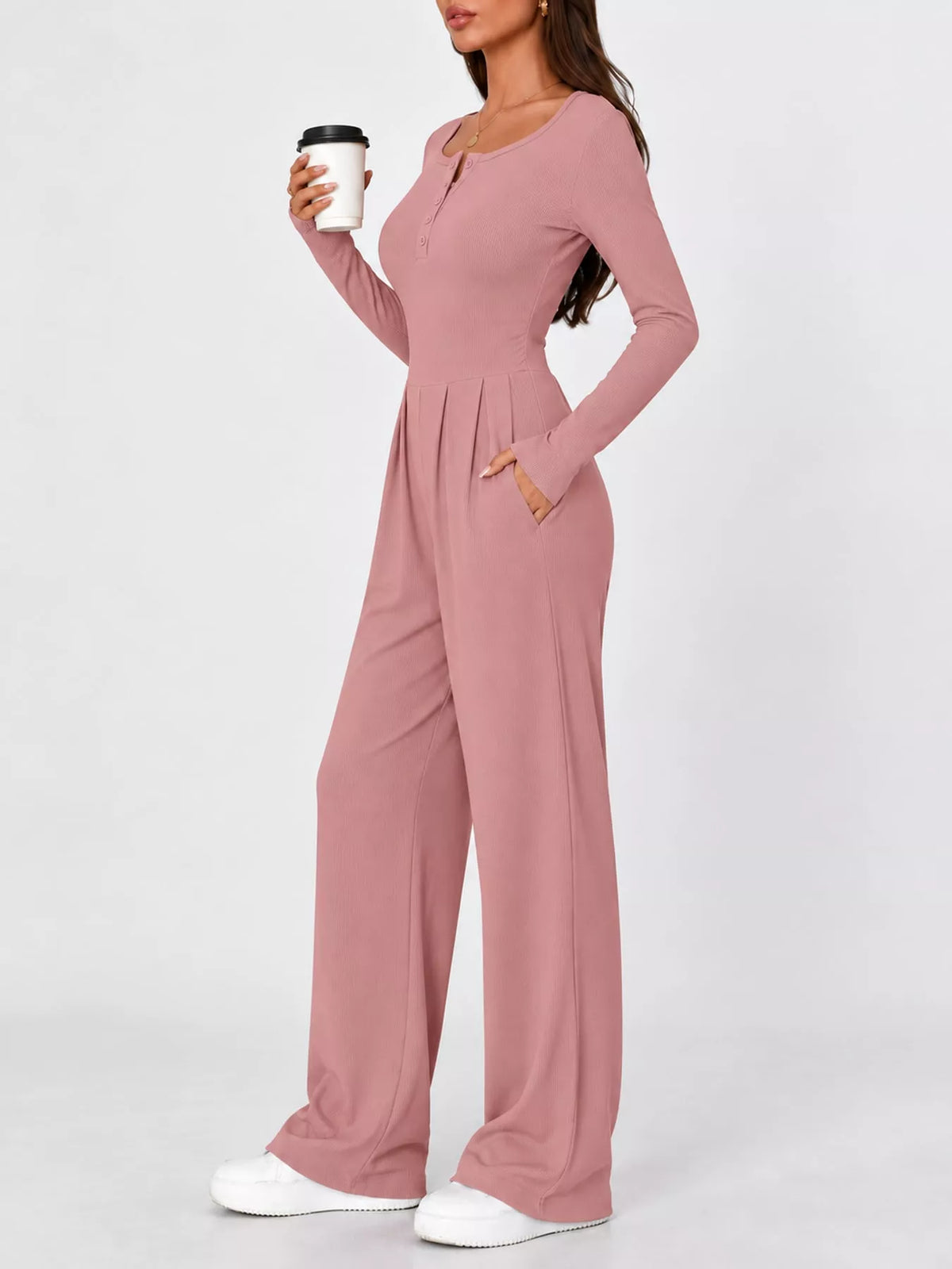 Long Sleeve Ribbed Knit Wide-Leg Jumpsuit — side view
