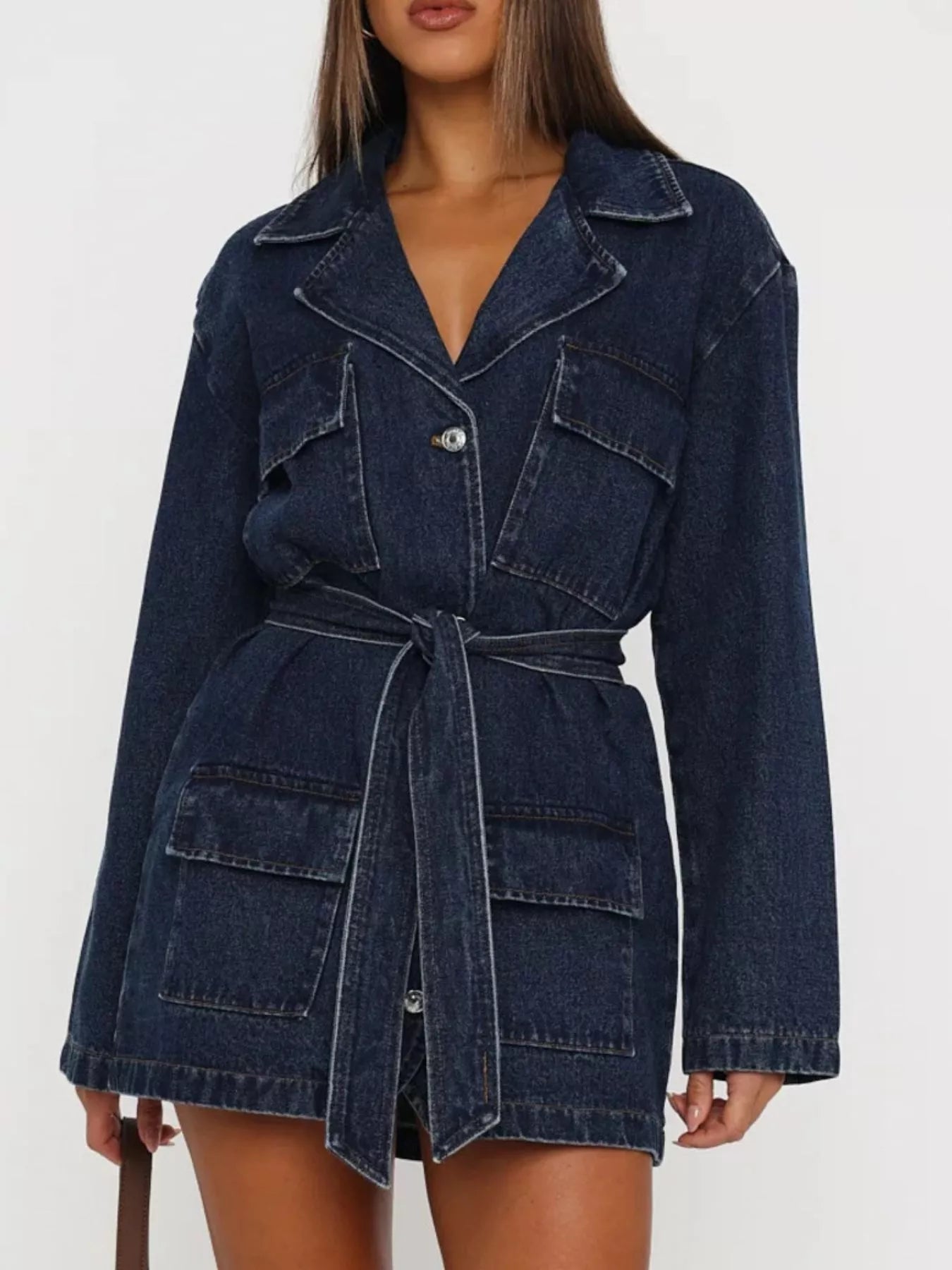 Trendsi Long Sleeve Longline Denim Jacket with Belt -