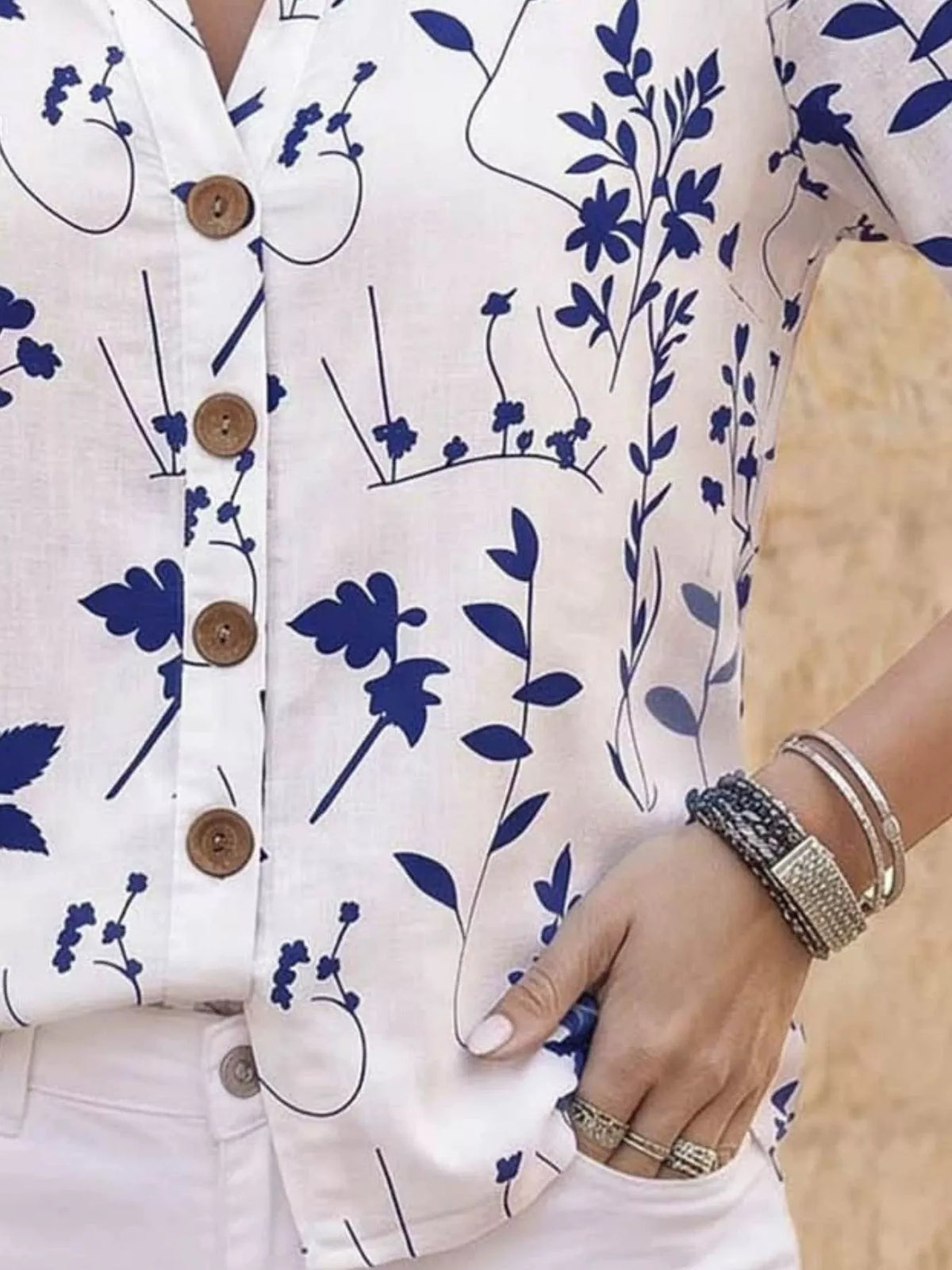 Notched-neck shirt, white blue-floral buttons