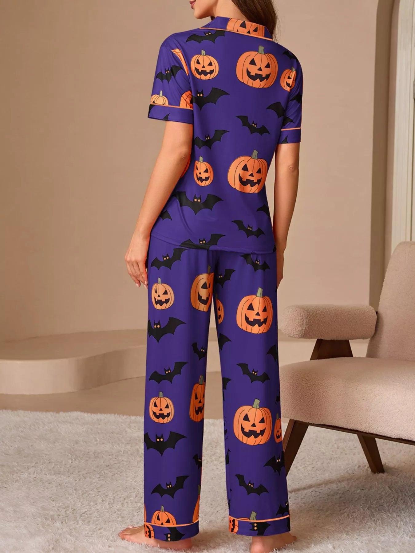 Trendsi Halloween Pumpkin and Bat Print Button-Down Top and Pants Lounge Set -