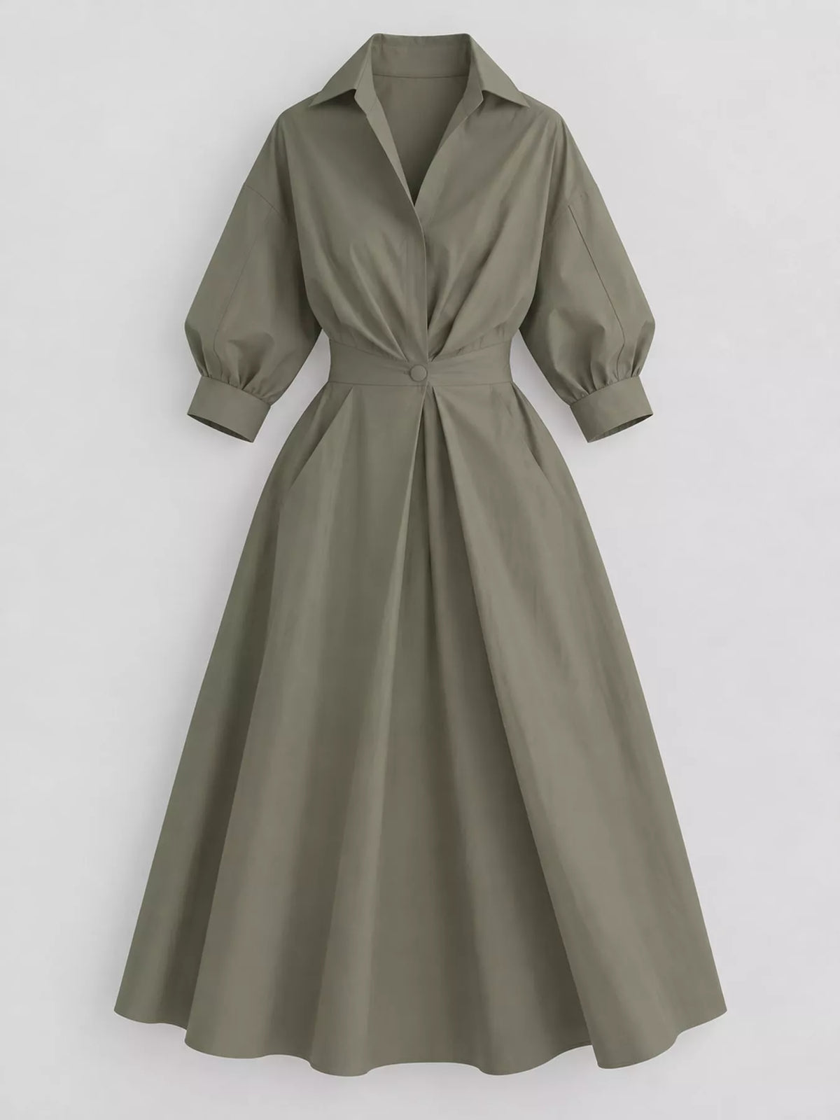 Collared Three-Quarter Sleeve Midi Shirt Dress — garment front