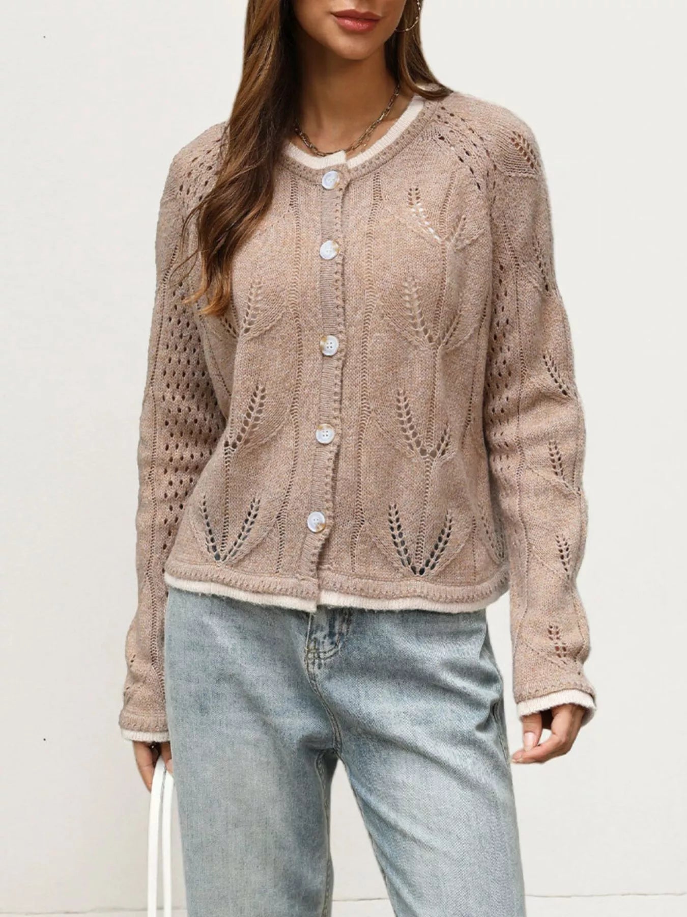Trendsi Hollow-Out Knit Button-Down Cardigan -