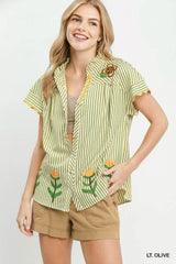 Trendsi Umgee Embroidered Stripe Button Front Top -