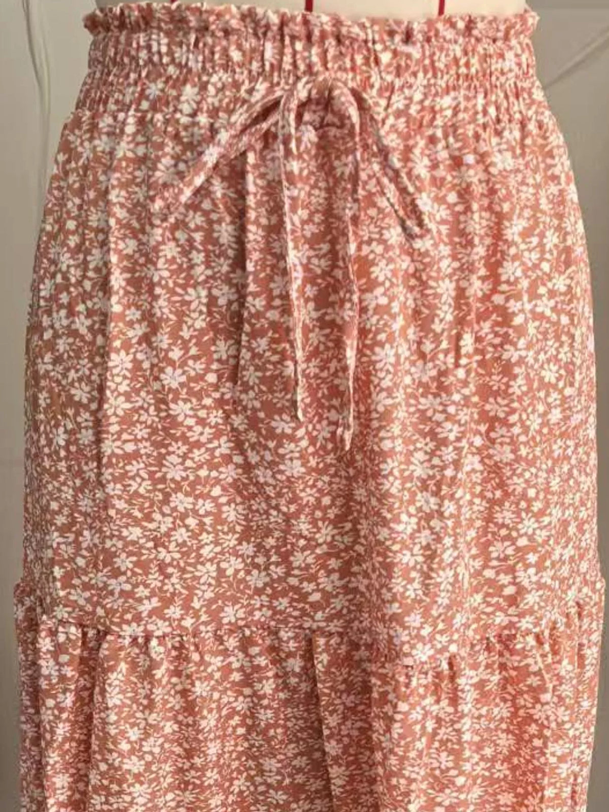 Pink floral drawstring tiered skirt — design and construction details