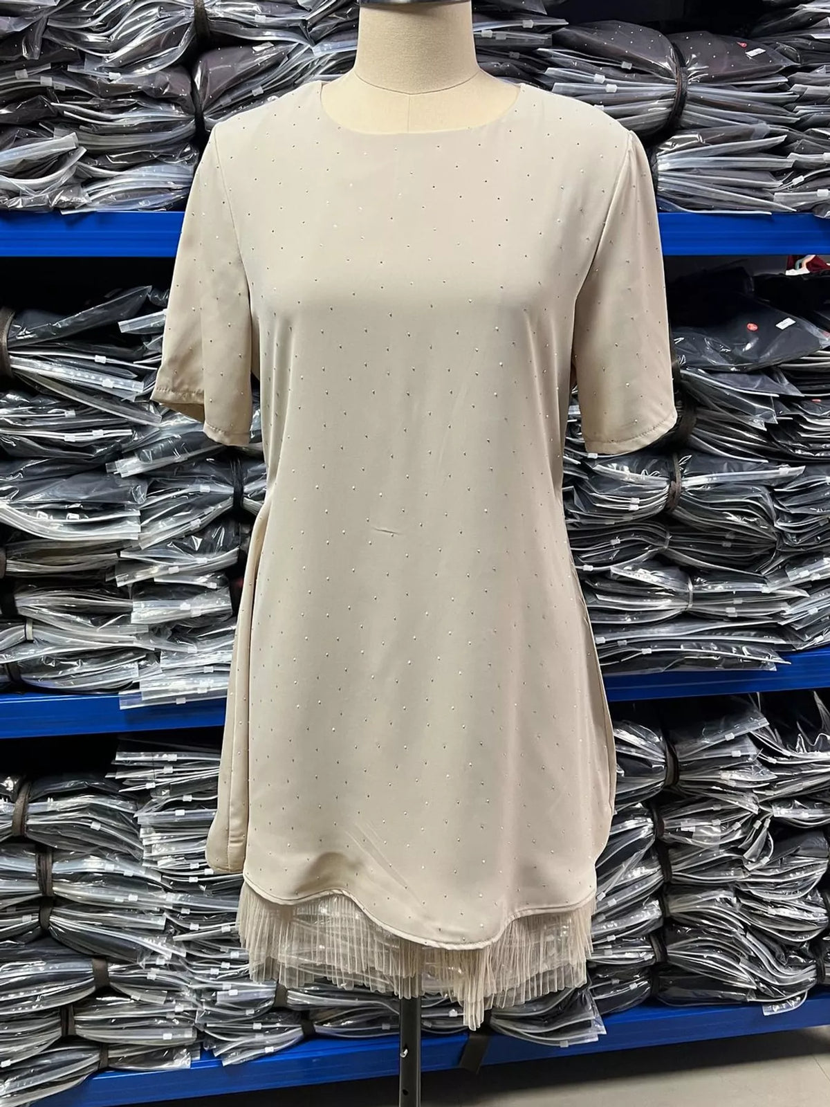 Beige rhinestone a line mini dress with tulle hem, front view