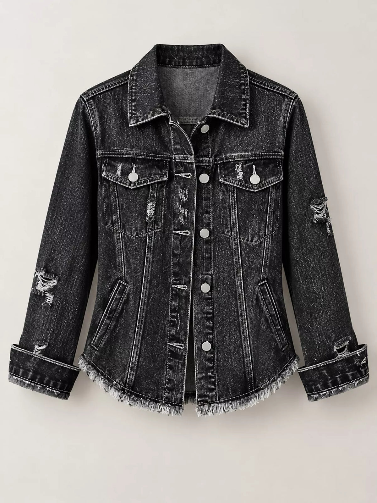Women's Distressed Raw Hem Denim Jacket in black — flat lay view