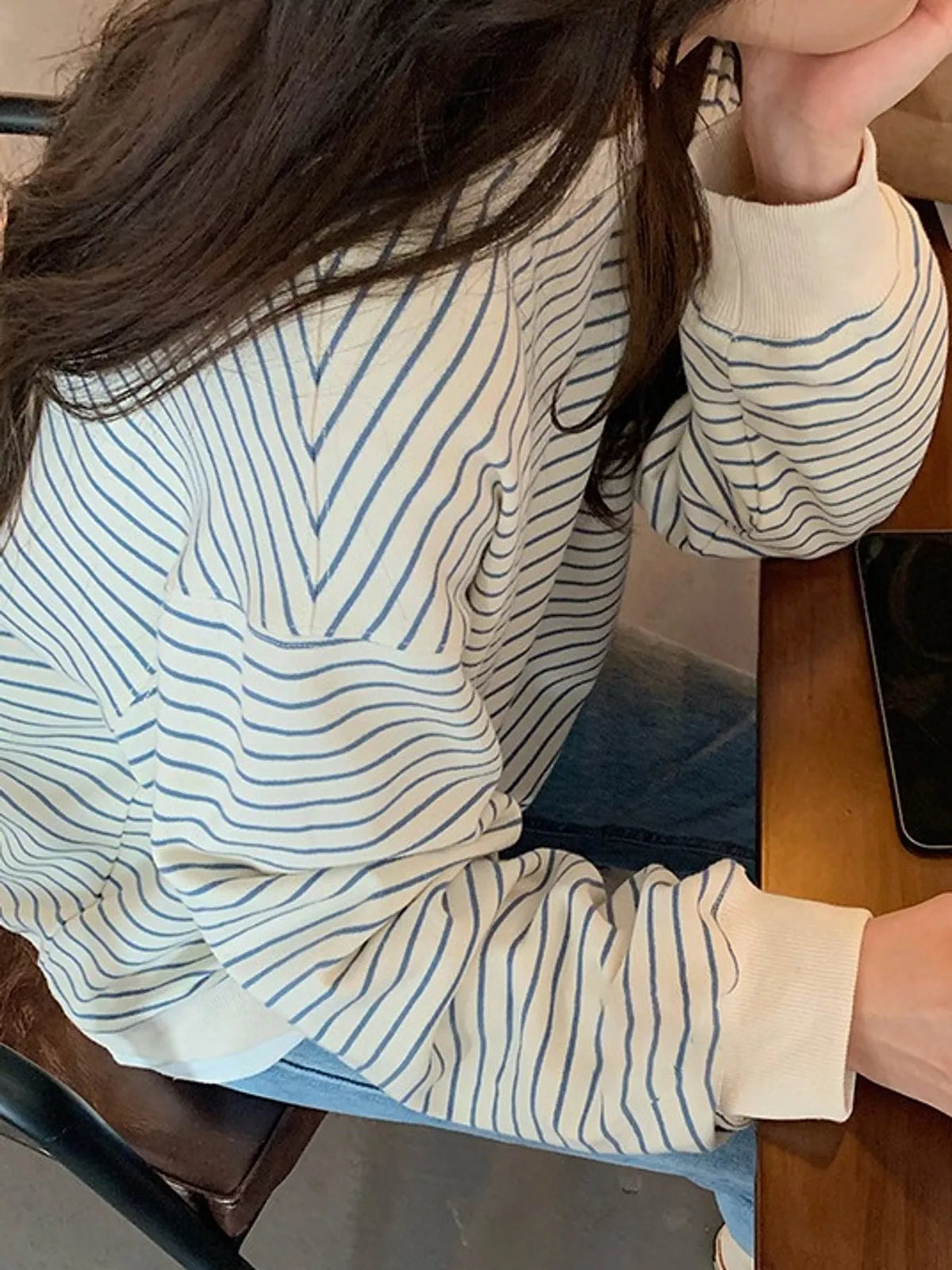 Cream and blue striped long sleeve crewneck t shirt, detail view