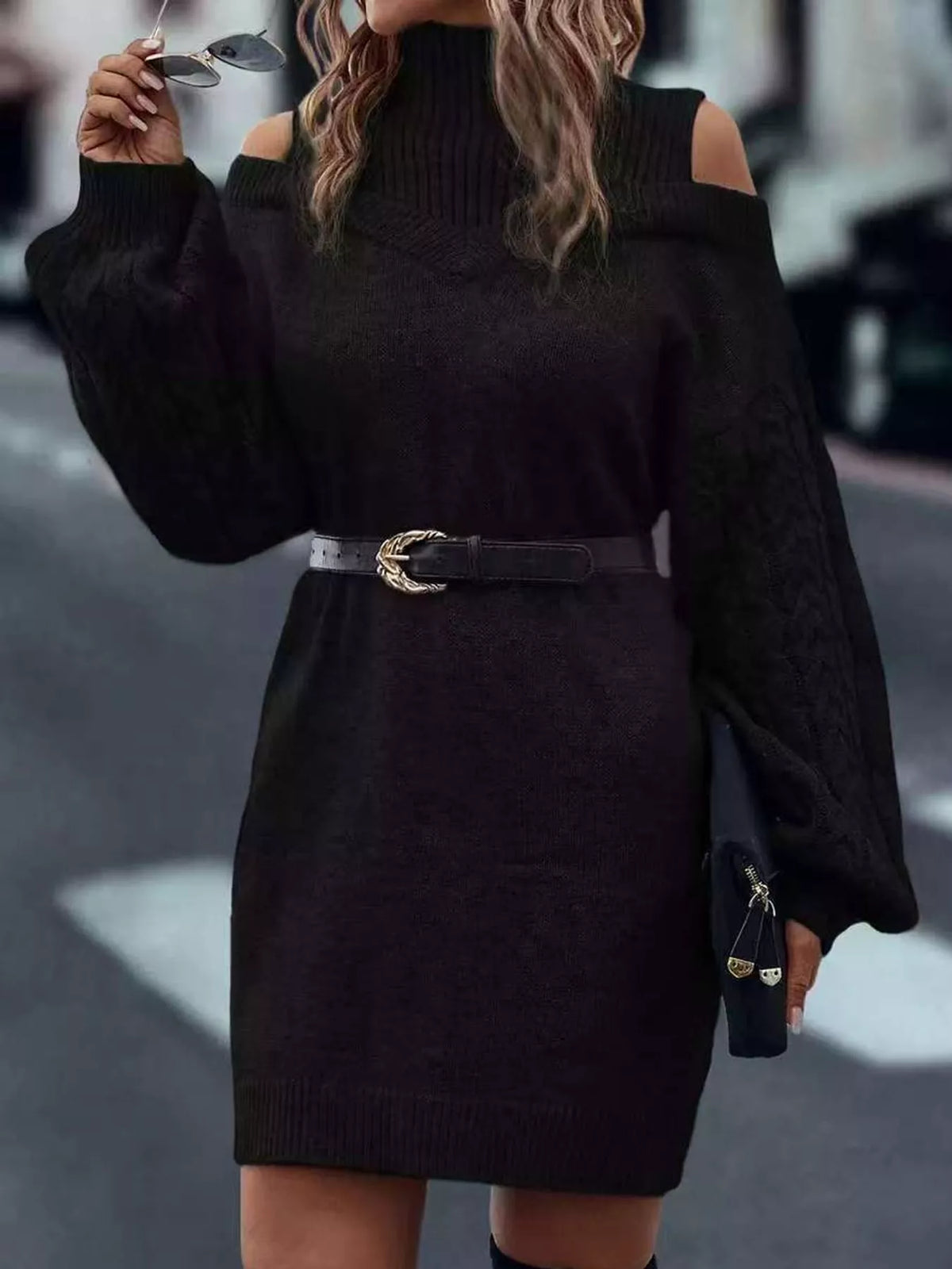 Black cold shoulder cable knit mock neck sweater dress, front view