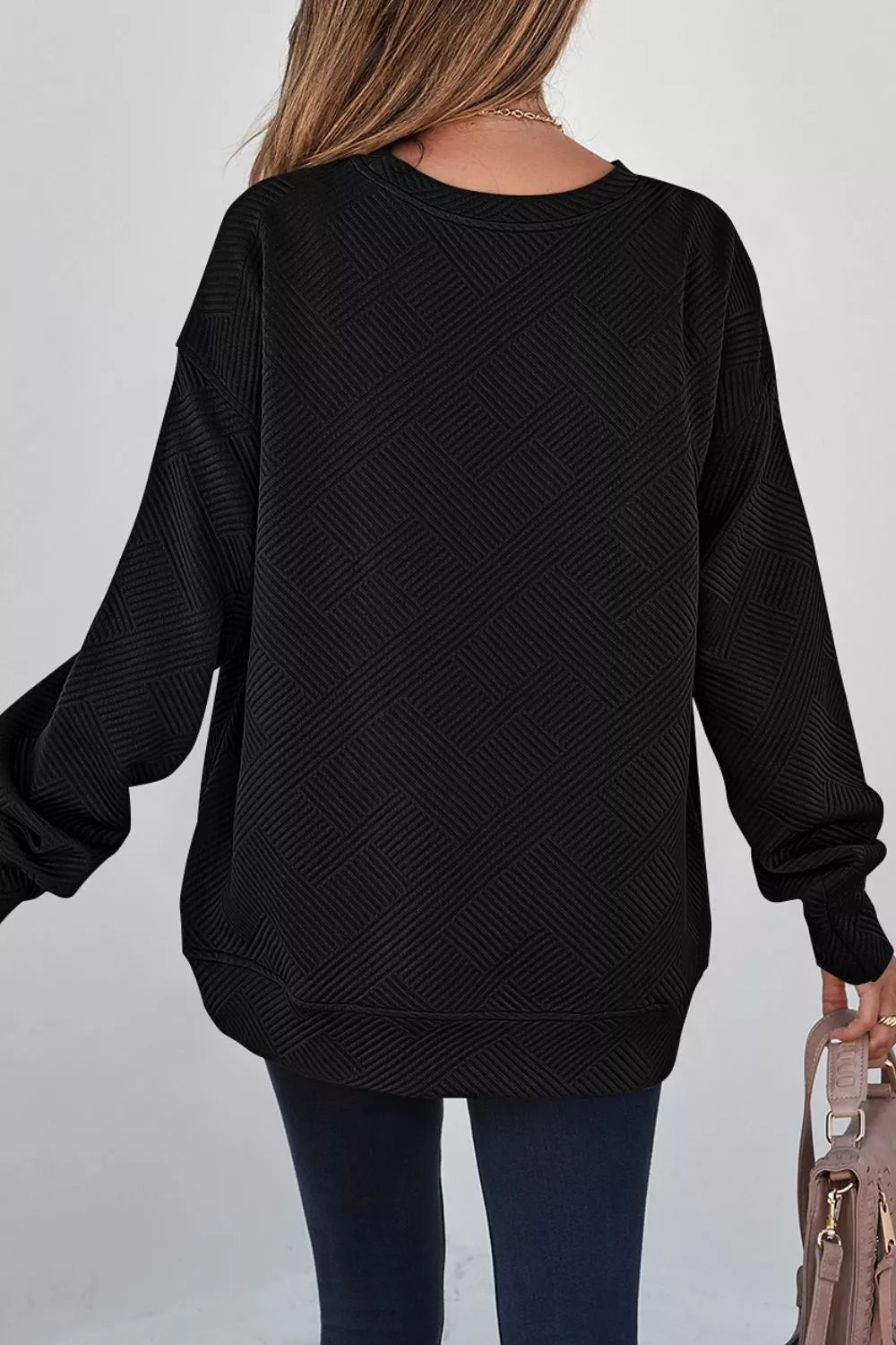 Trendsi Solid Color Textured Round Neck Drop Shoulder Pullover Sweatshirt -