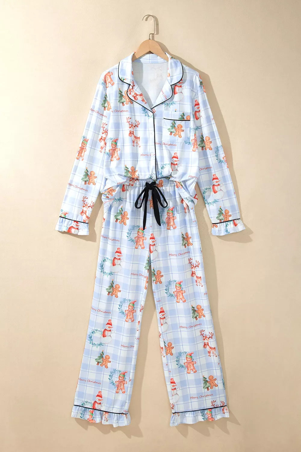 Light blue Christmas print plaid pajama set, front product view