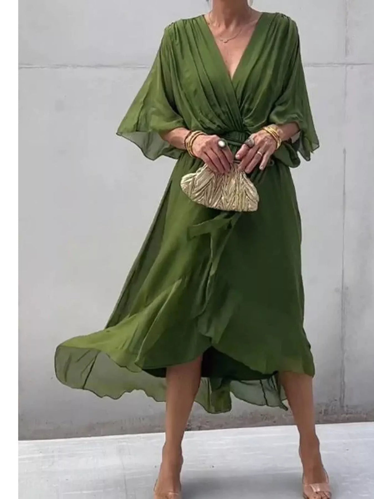 Green batwing sleeve wrap dress with waist tie, front view