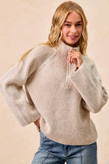 Trendsi BiBi Two Tone Rib Texured Knit Collared Top with Zip Up -