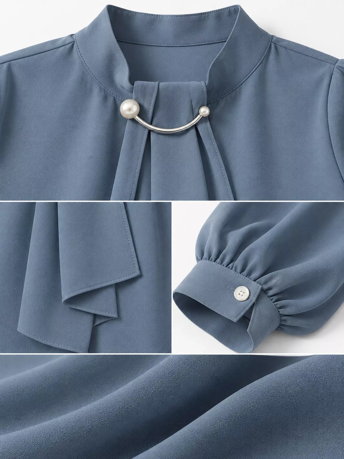 Mock Neck Blouse with Pearl Accent and Lantern Sleeves, detail view in blue