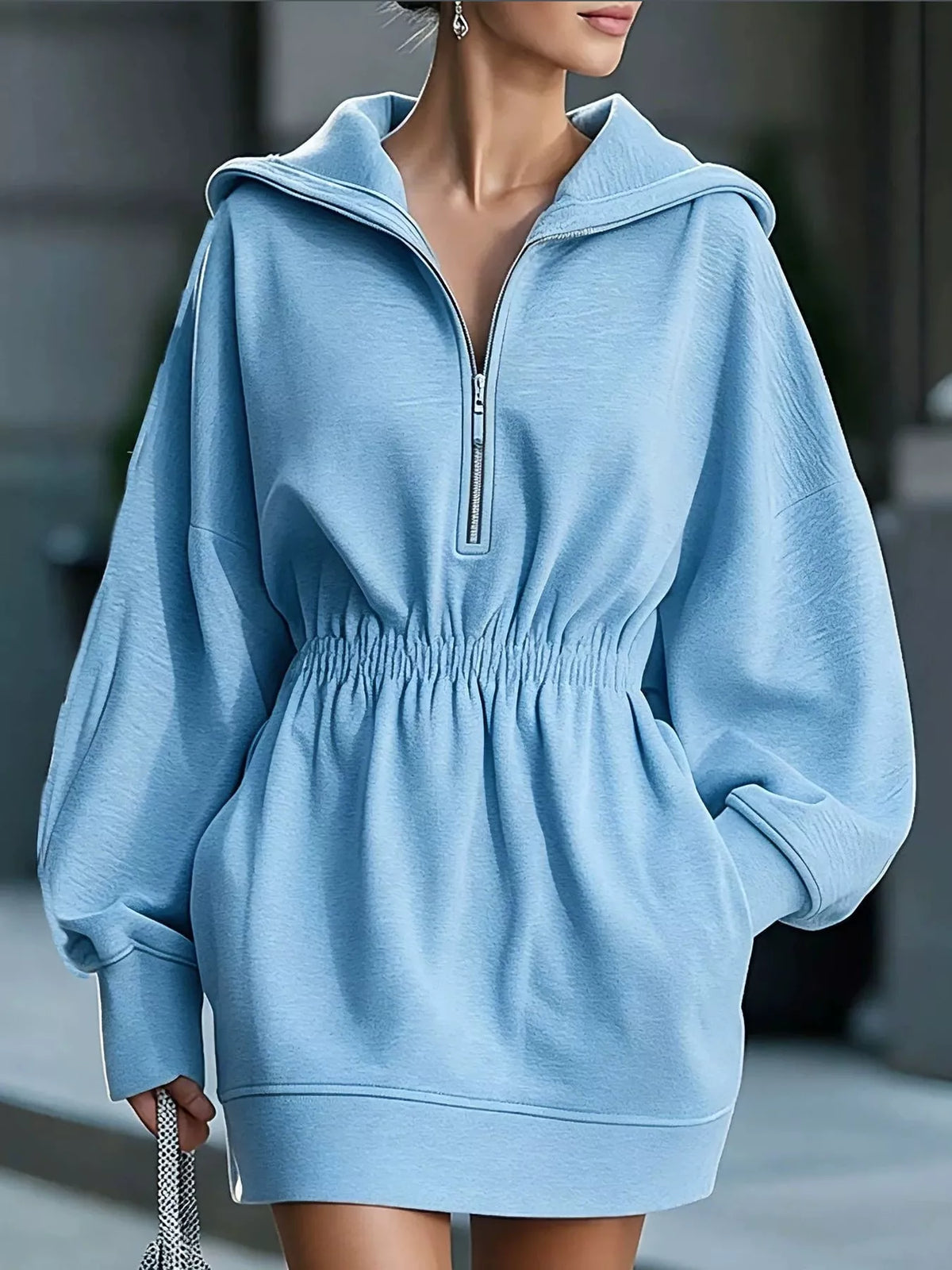 Half-Zip Hooded Sweatshirt Dress — front view