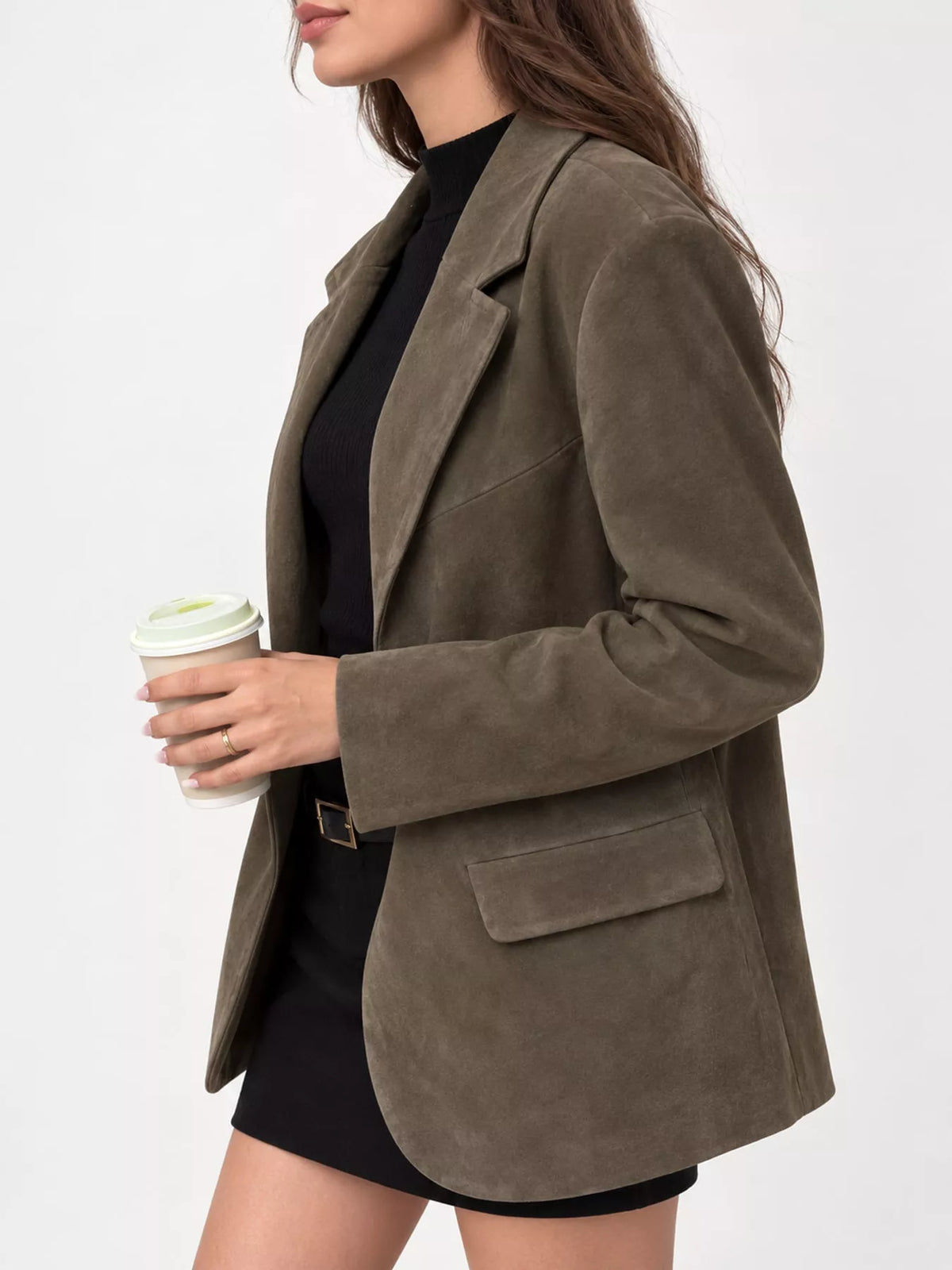Army green lapel blazer, side view