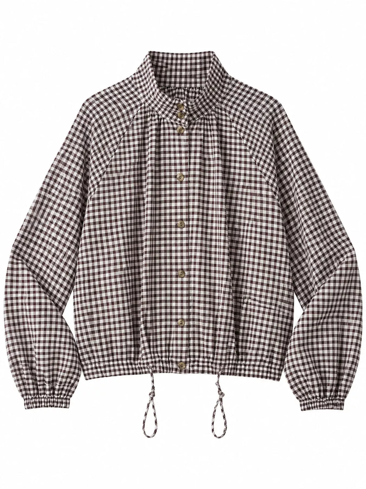 Gingham drawstring jacket, brown gingham button front