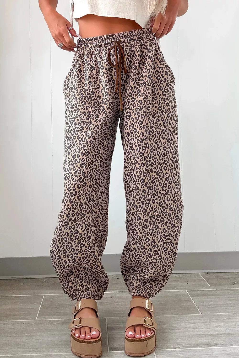 Trendsi Leopard Print Elastic Waist Ankle Length Pants -