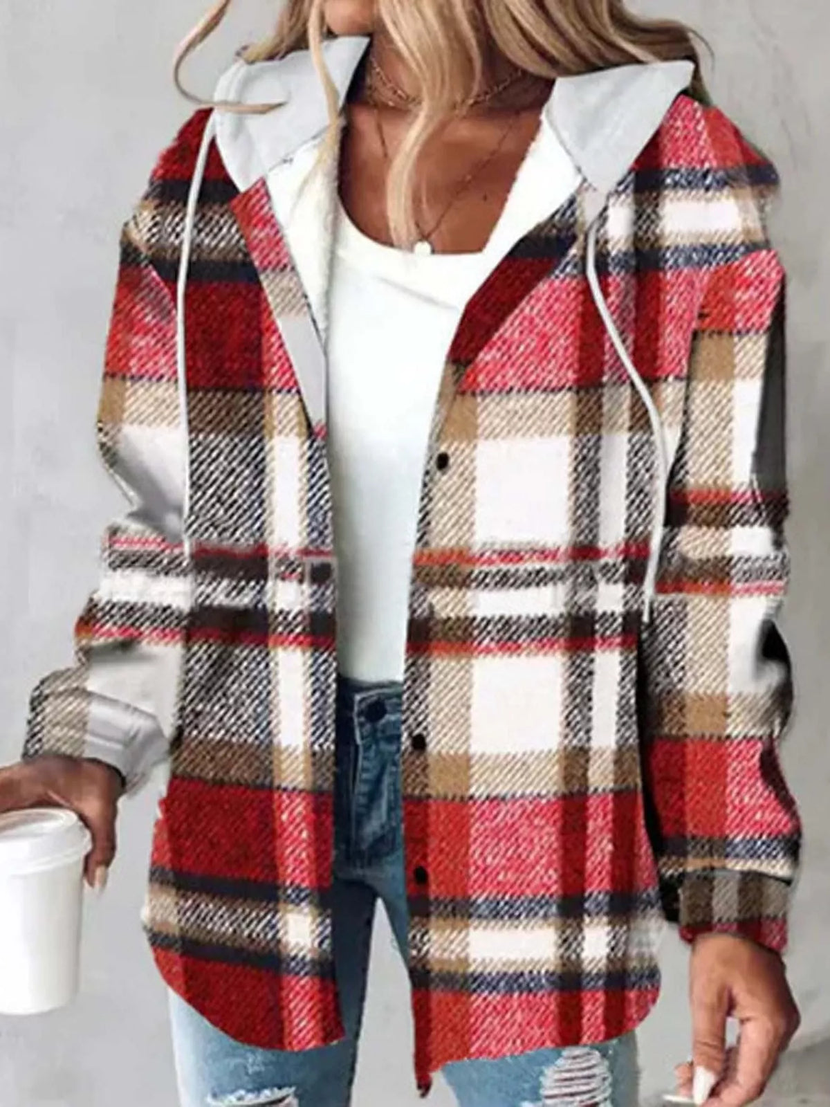 Button-Down Printed Contrast Hooded Shacket — front view