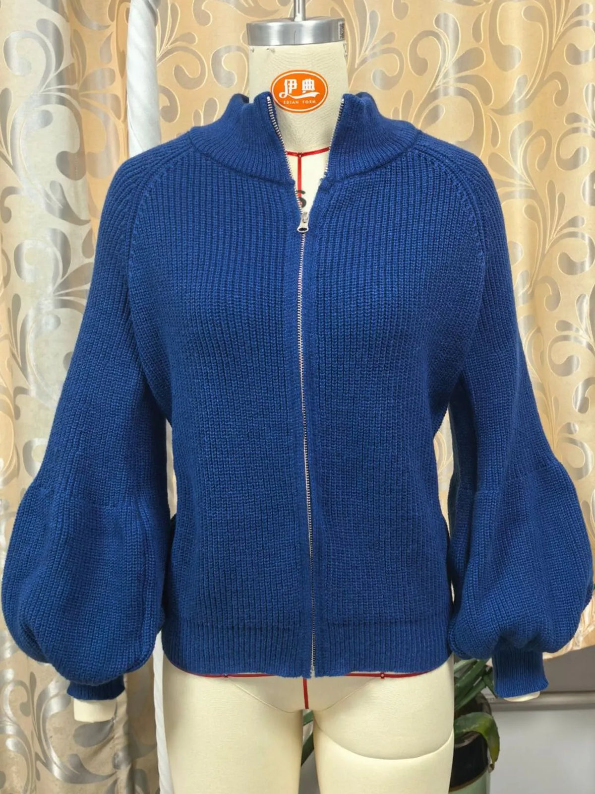 Dark Blue ribbed knit zip-up lantern sleeve cardigan