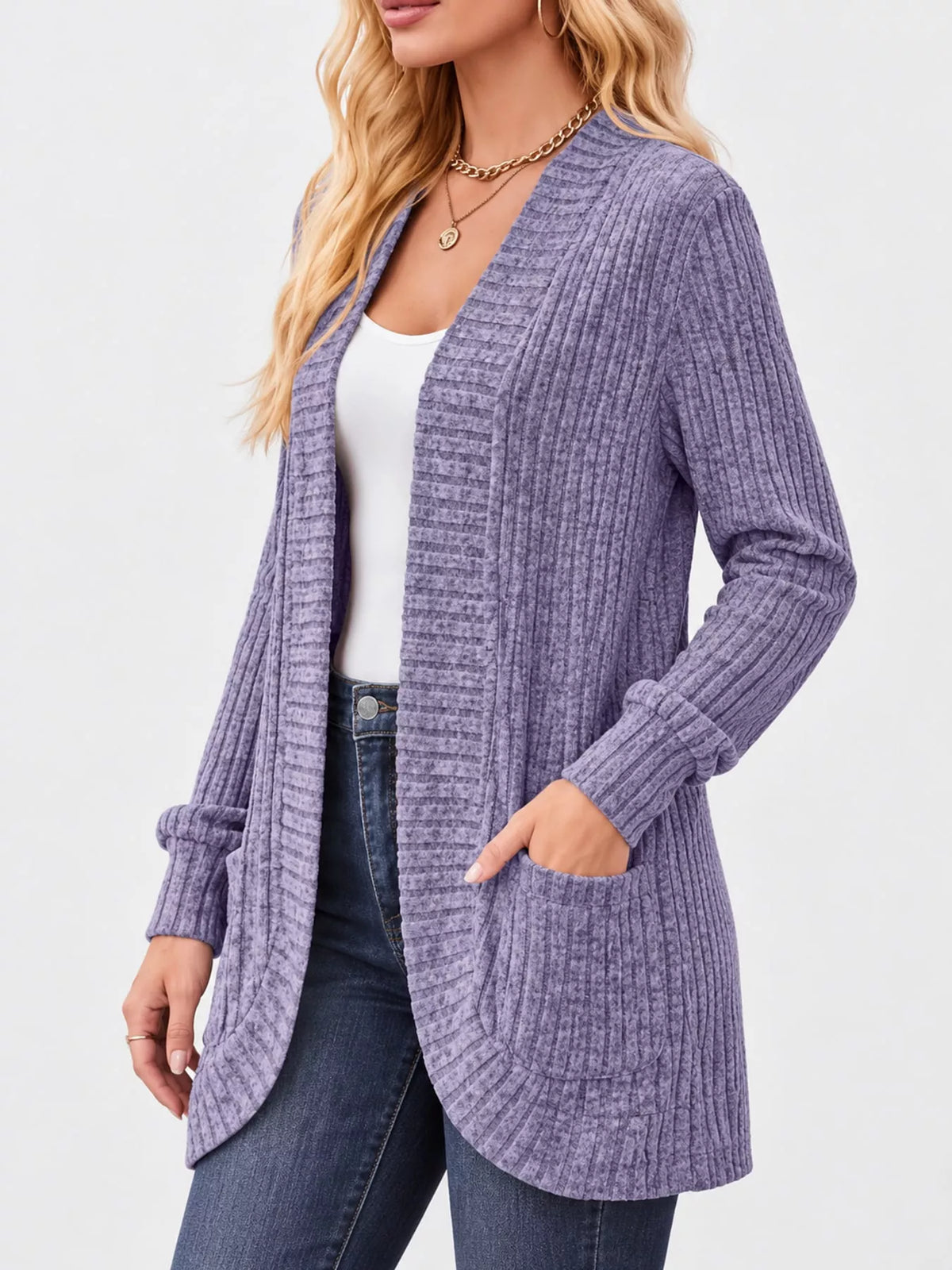Purple ribbed open-front longline cardigan
