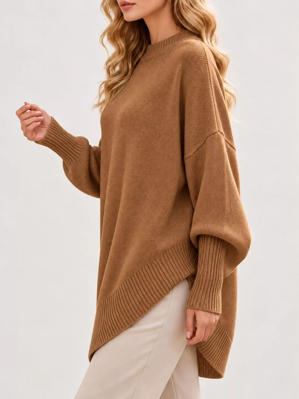 Ribbed Knit Dropped Shoulder Sweater in camel