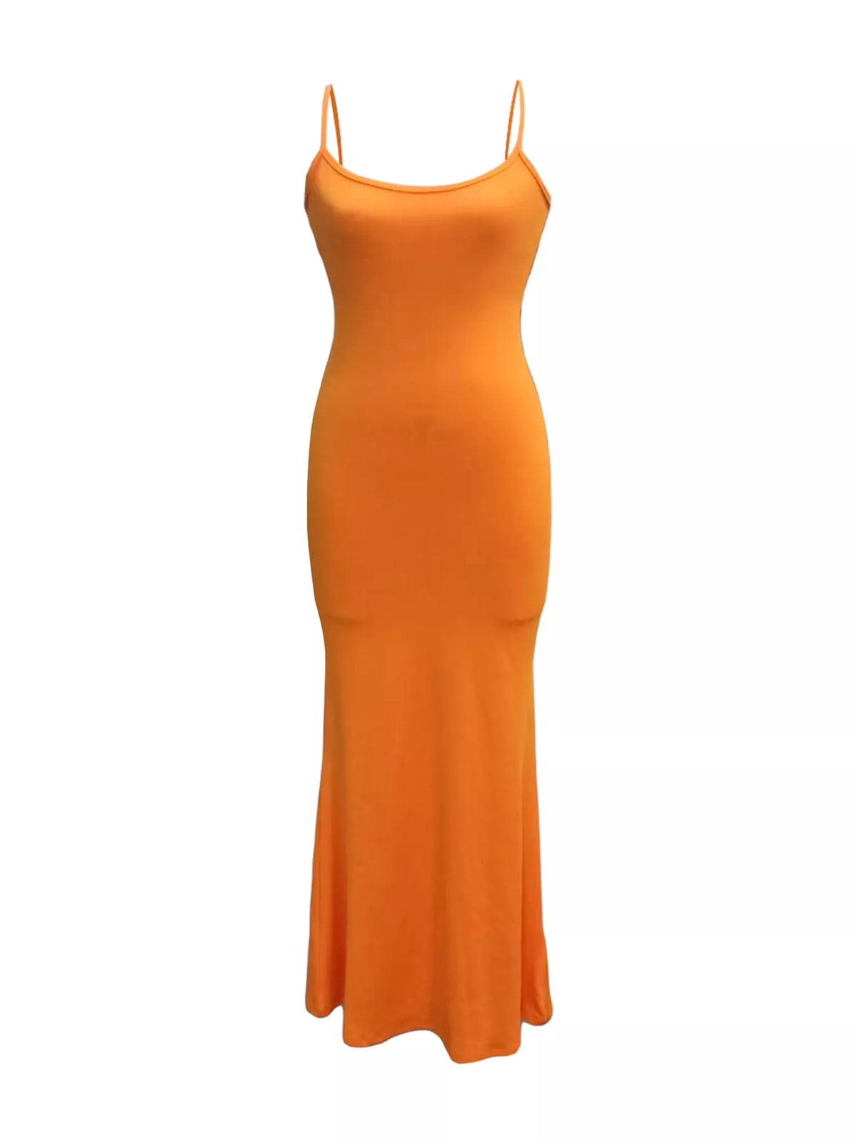 Orange bodycon spaghetti strap maxi dress, front view