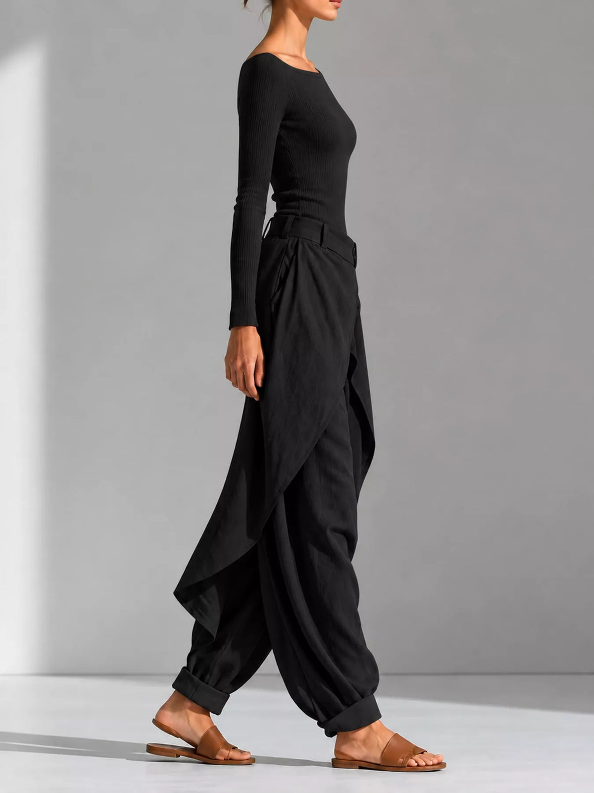 Black boat neck long sleeve top and wrap pants set — side view