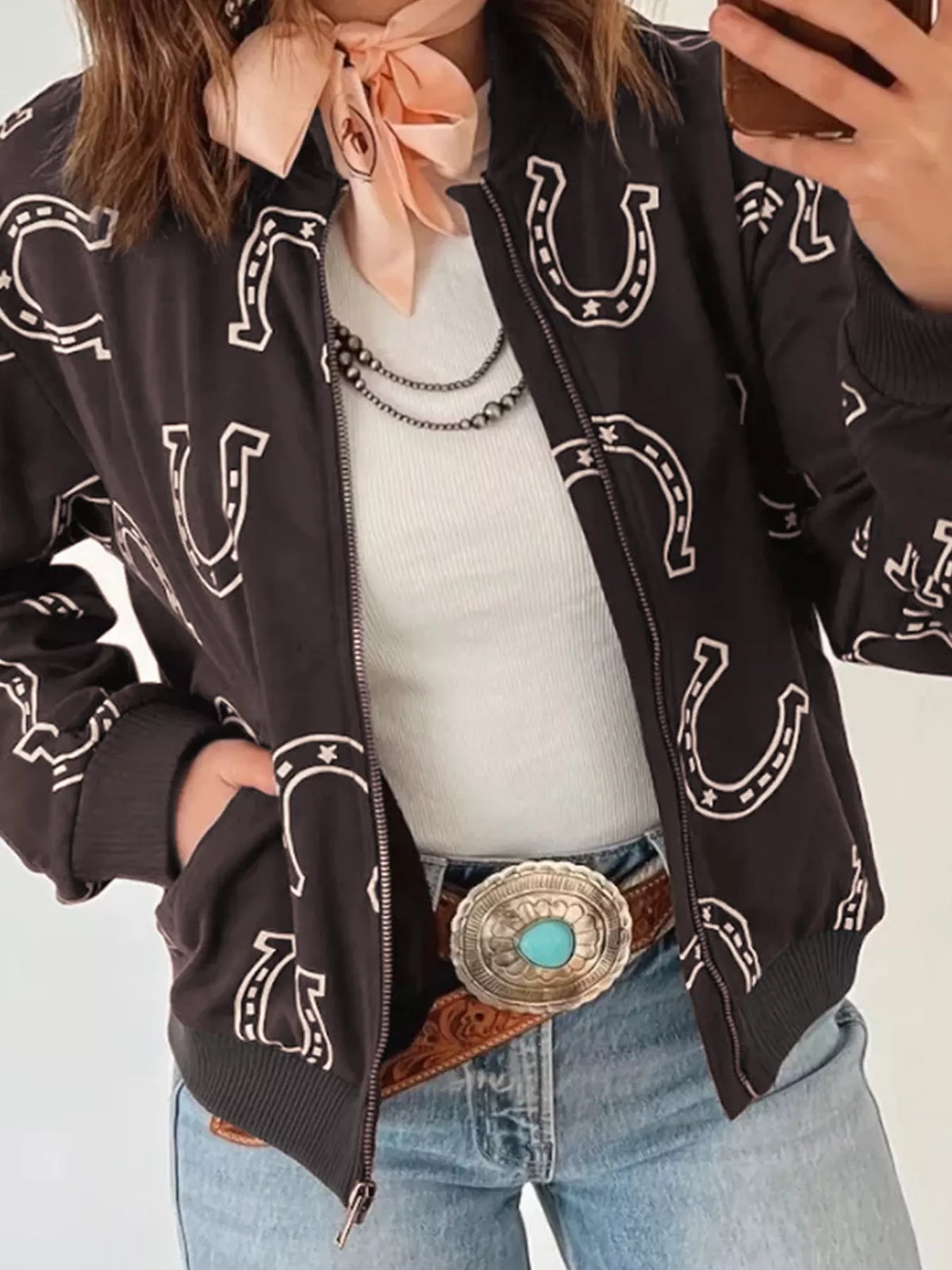 Horseshoe Print Zip-Up Bomber Jacket in chocolate, front view