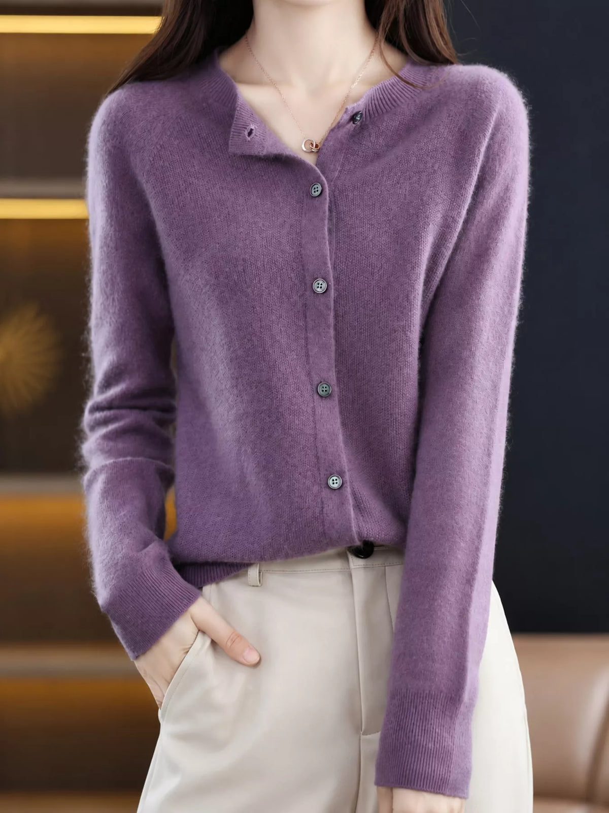 Ribbed cardigan, purple straight front
