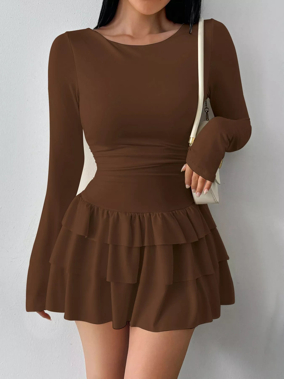 Brown layered ruffle mini dress