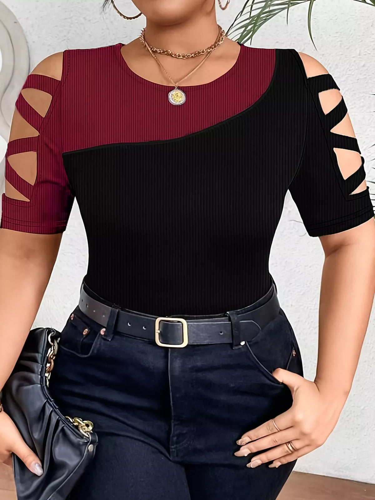 Colorblock cutout top, black and burgundy front