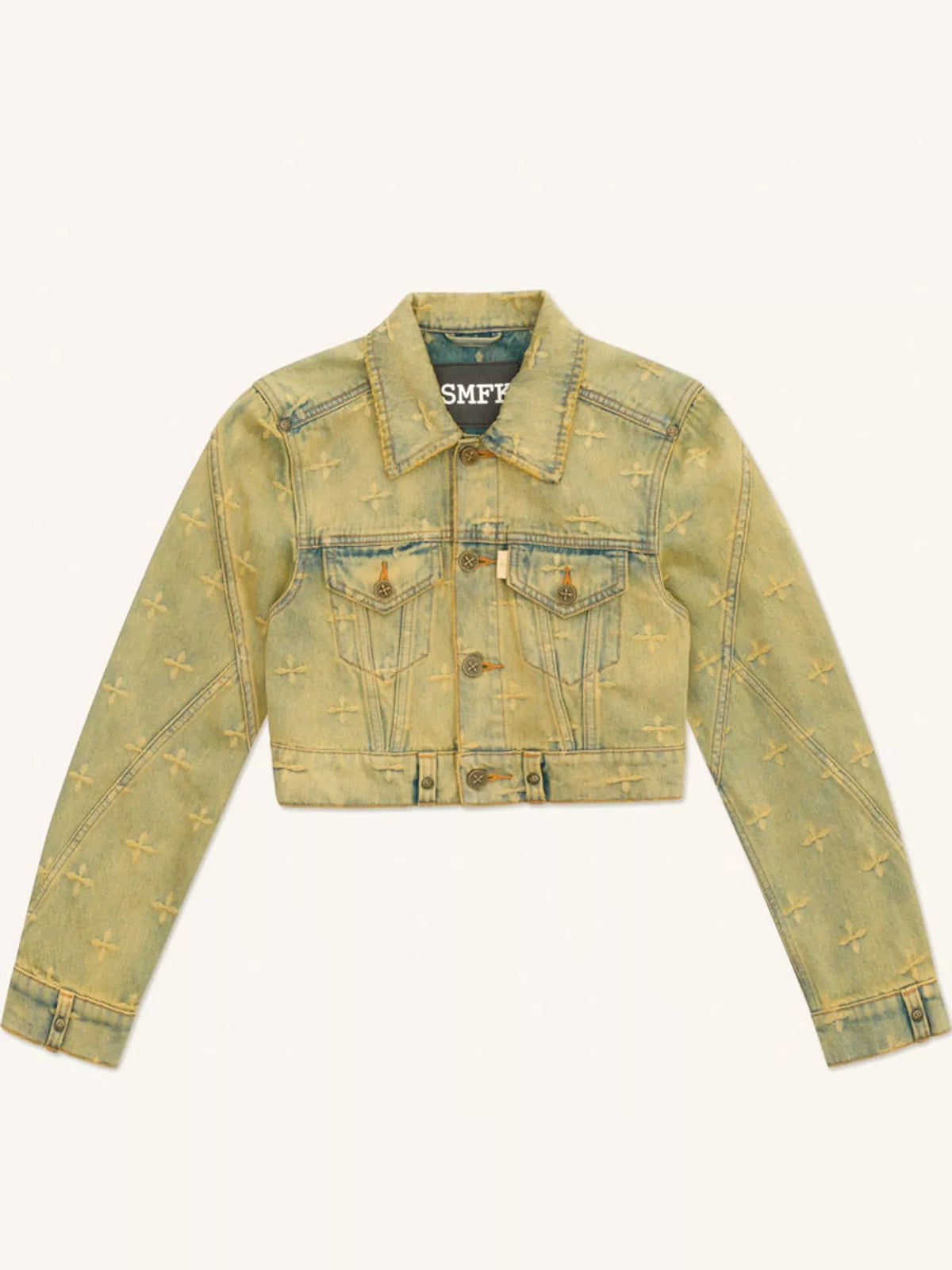 Cross Pattern Cropped Denim Jacket in aurora blue, front view
