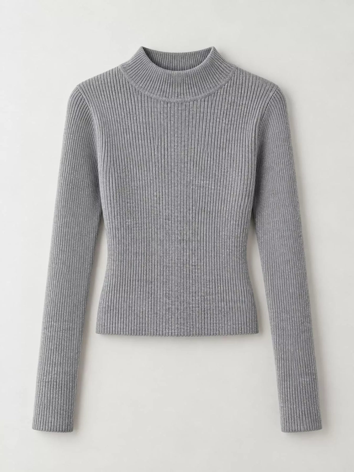 Gray ribbed mock neck long sleeve knit top