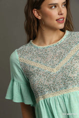 Trendsi Umgee Floral Lace Trimmed Detail Half Sleeve Babydoll Top -
