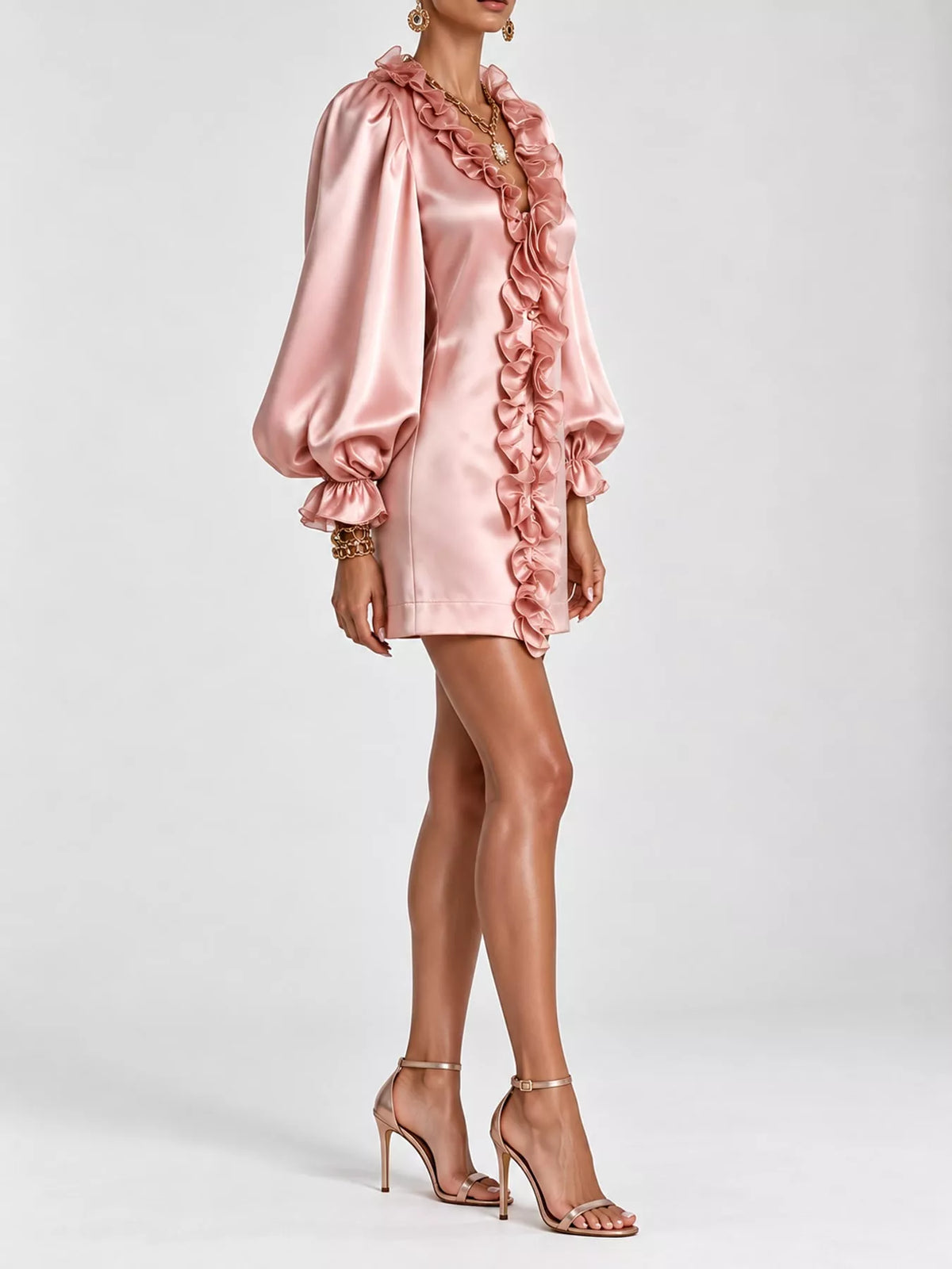 Ruffle Trim Puff Sleeve Mini Dress in pink, side view
