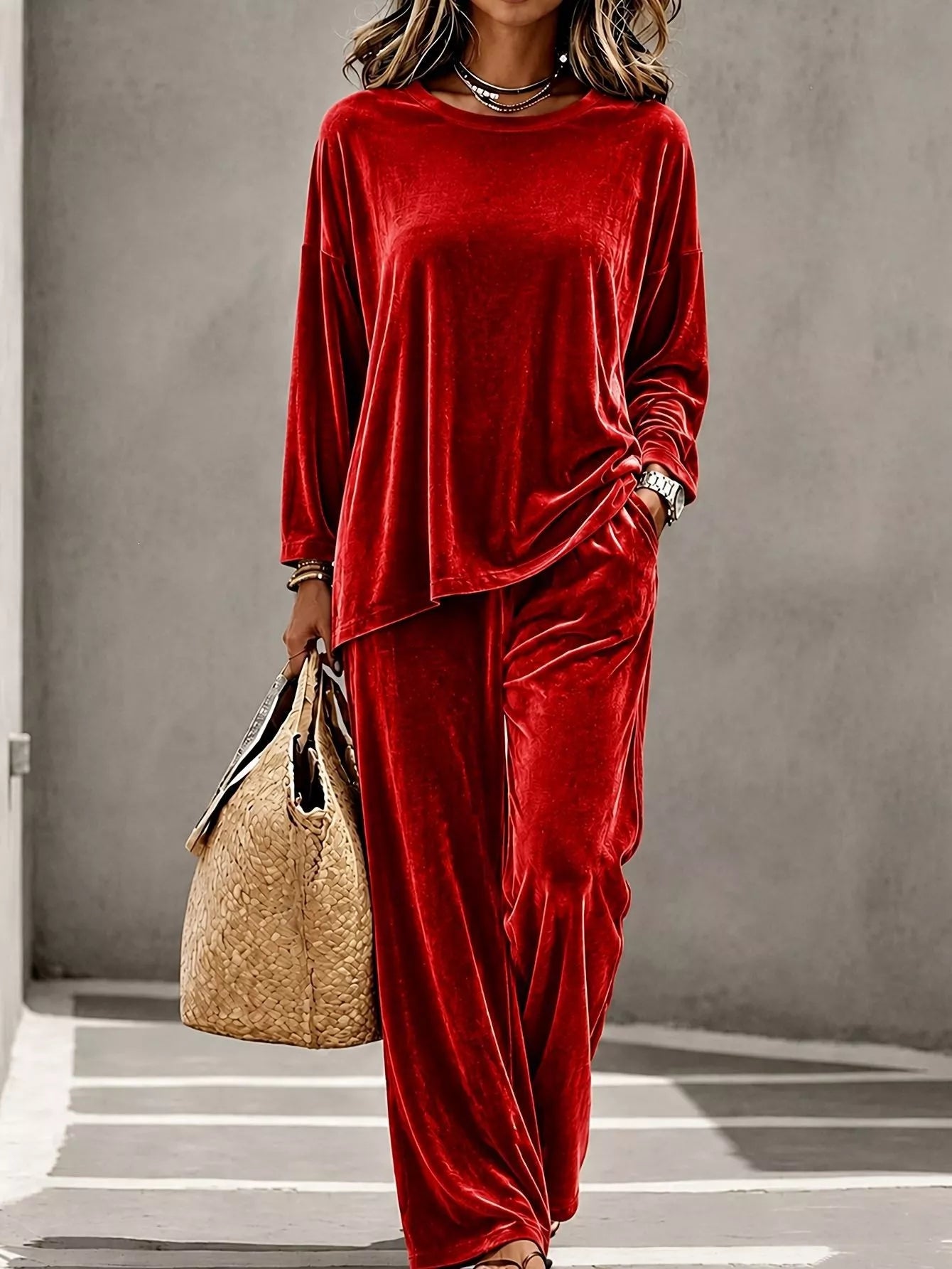 Trendsi Full Size Velvet Long Sleeve Top and Pants Set Plus Size -