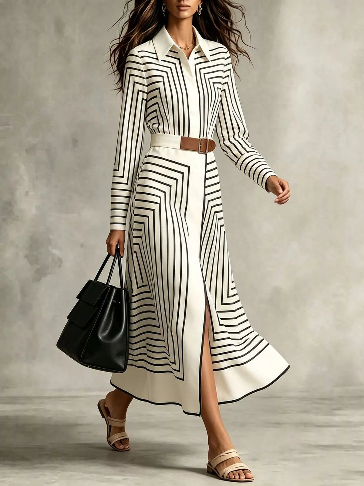 Geometric shirt dress, black and white front