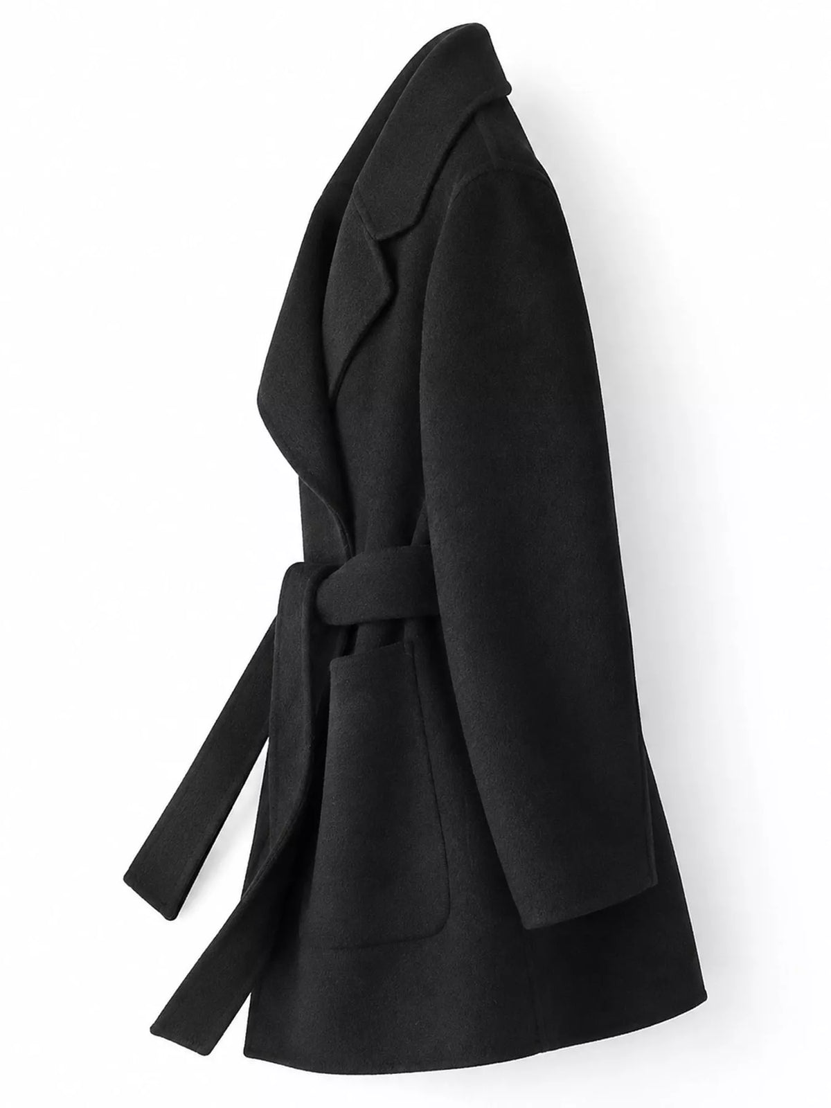 Black belted double-sided wool coat, side view