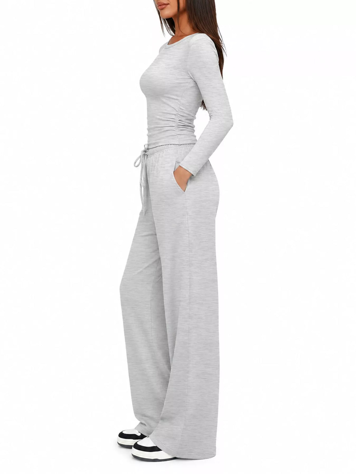 Long Sleeve Top and Wide-Leg Drawstring Pants Set — side view