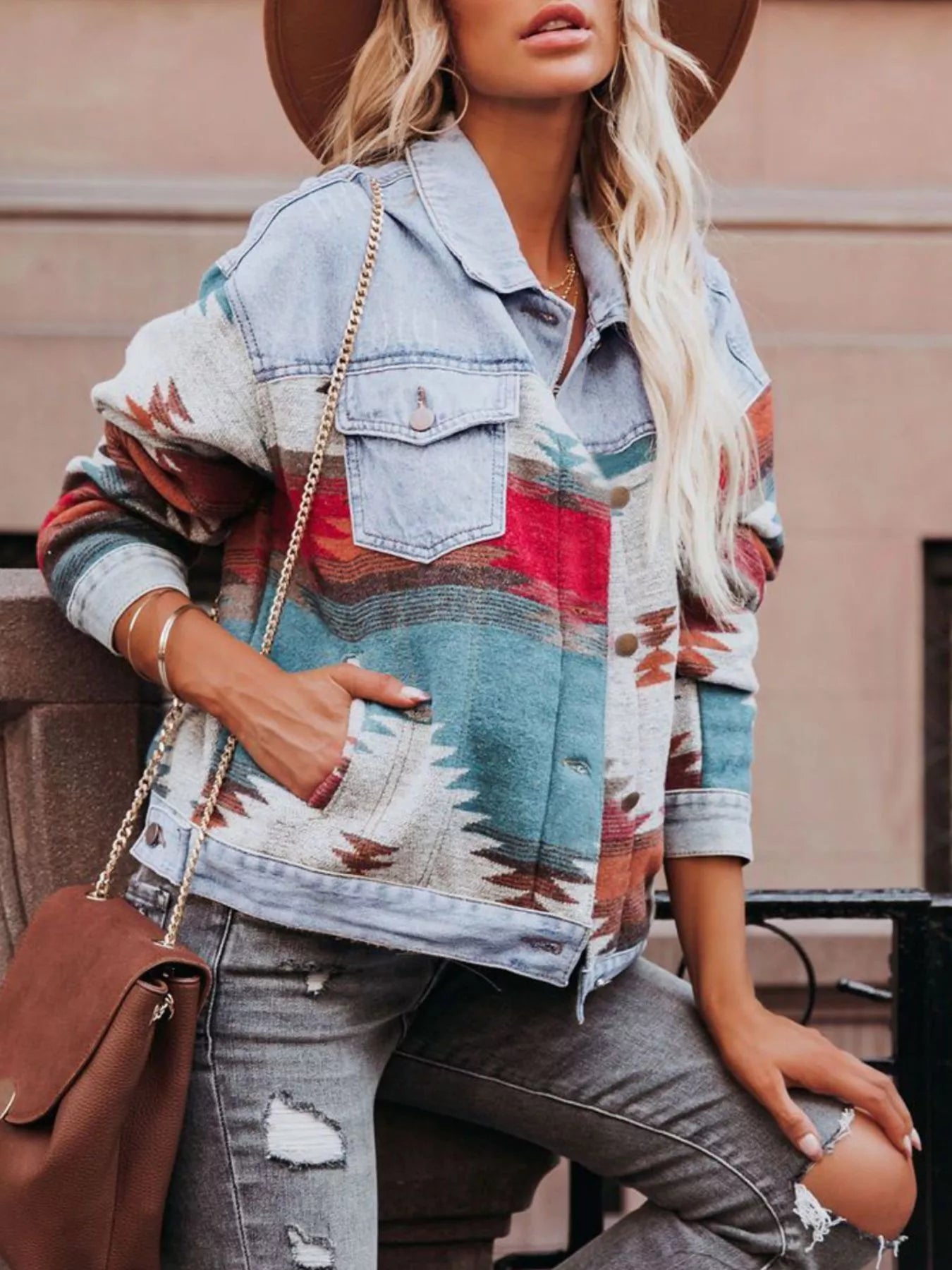 Trendsi Geometric Print Denim Jacket -