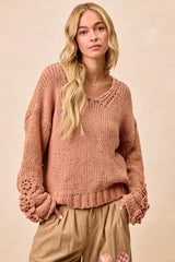 Trendsi BiBi Chunky Knit Sweater with Flower Detail Sleeves -