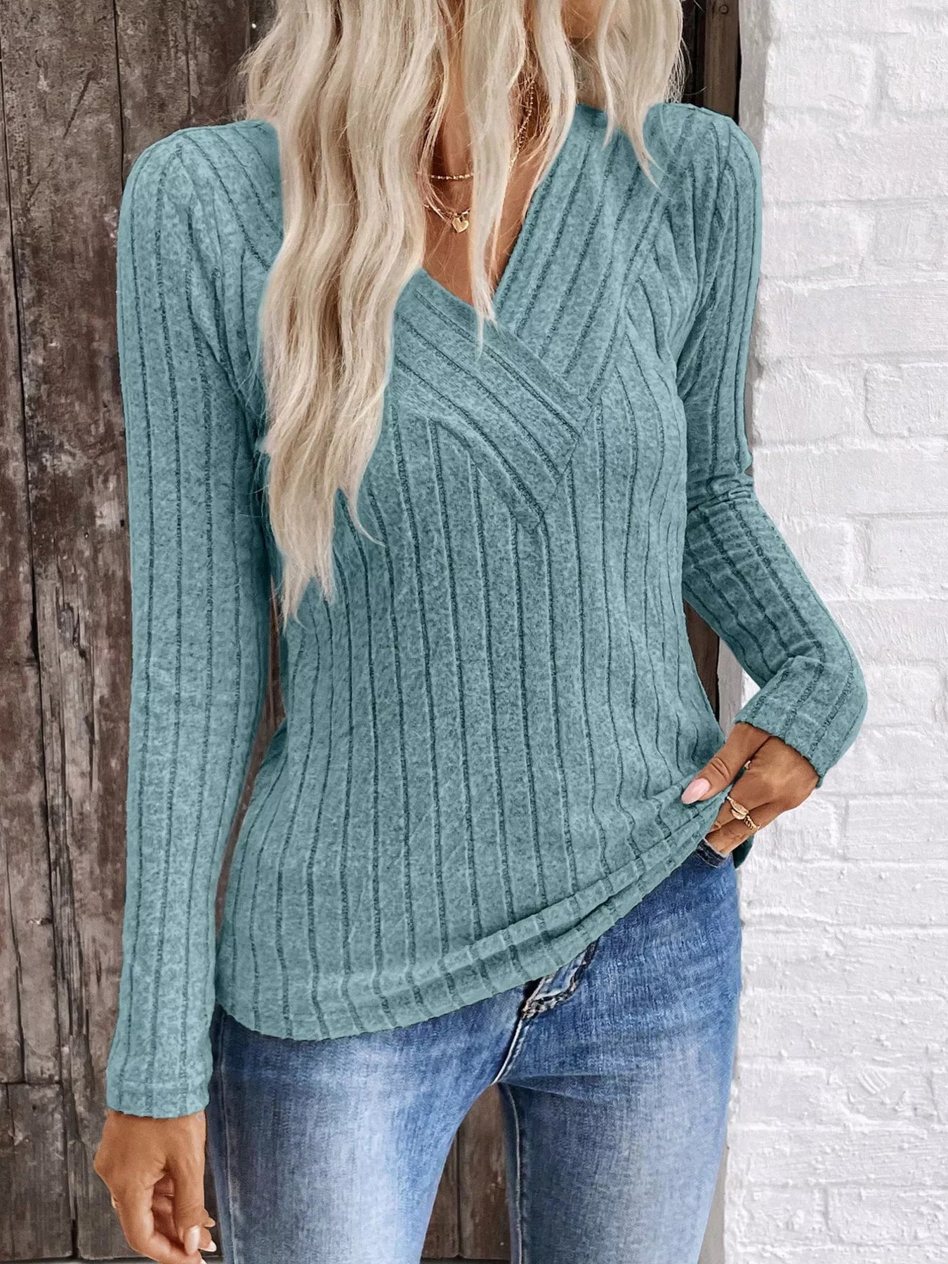 Trendsi Ribbed V-Neck Long Sleeve T-Shirt -