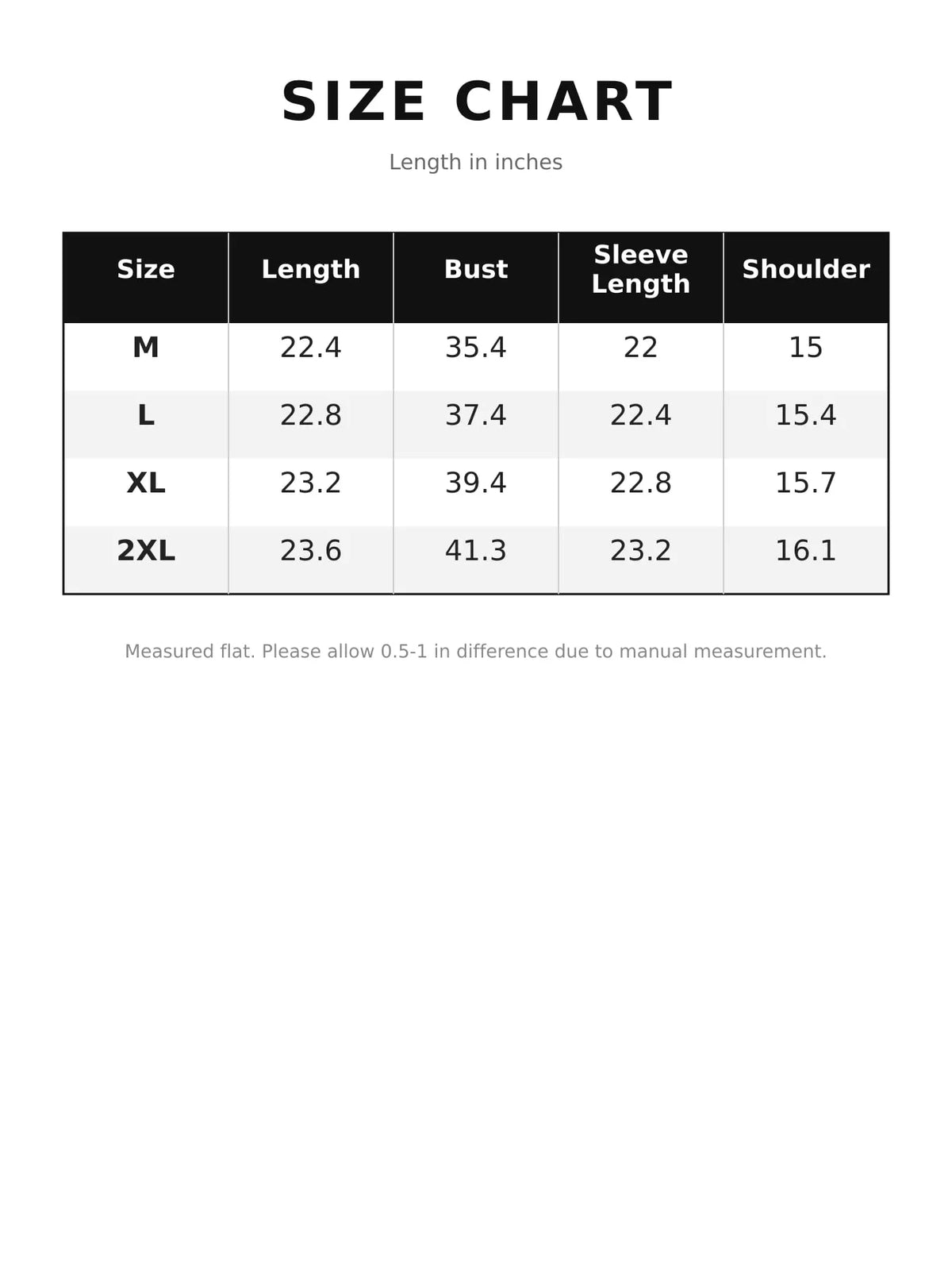 Size chart for v-neck knit sweater