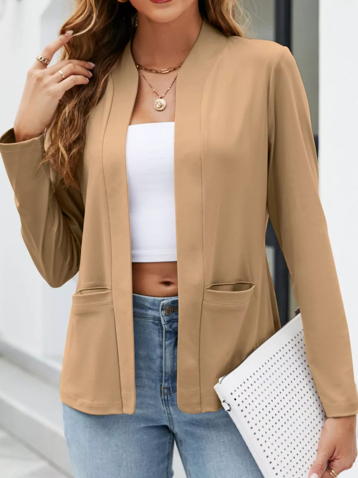 Mandarin neck long sleeve blazer, front view on model