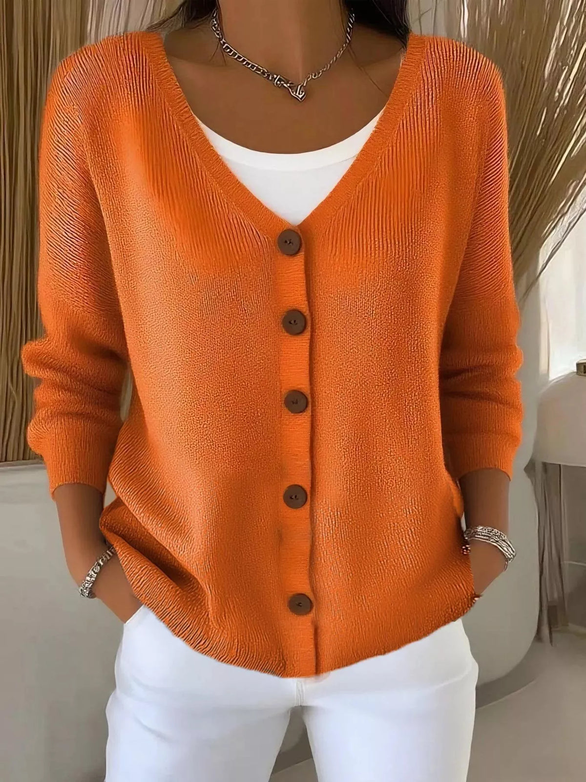 Women's V-Neck Button-Down Knit Cardigan in orange — front view